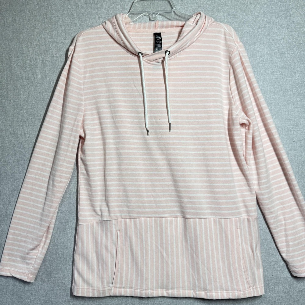 RBX Hoodie Womens Large Pink Stripe Cowl Neck Pullover Lightweight Stretch